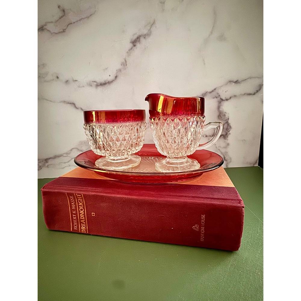 Vintage Ruby Red Flash Diamond Point Glass Sugar Creamer Set with Underplate 3pc